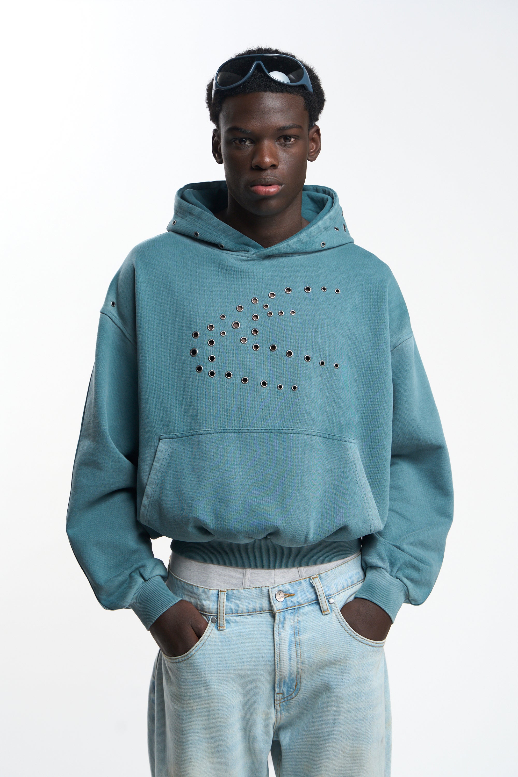 Washed Teal Metal Eyelet Hoodie