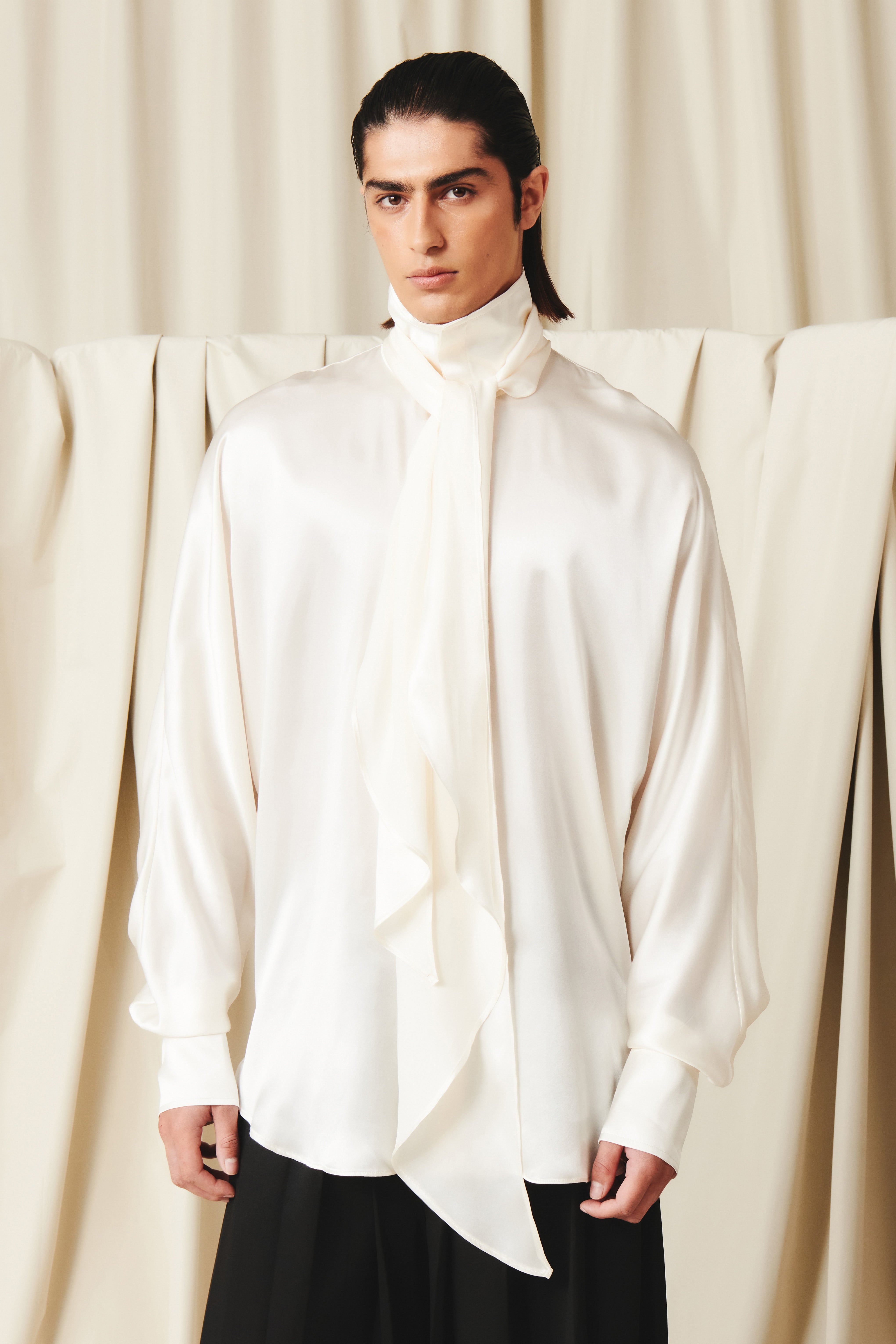Men's Luxury Silk Tie‑Neck Oversized Shirt, Elegant High Neck Satin Blouse With Long Scarf Collar