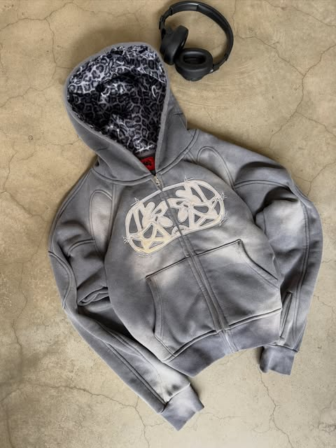 Wash Grey Zip Up Hoodie with Hidden Headphone Compartment & Arm Pocket