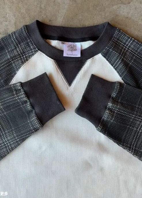 Waffle Patchwork Long Sleeve Top