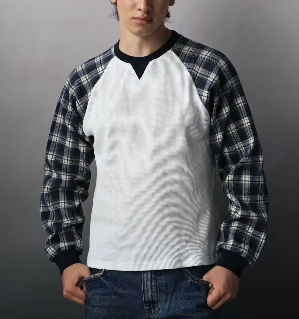 Waffle Patchwork Long Sleeve Top
