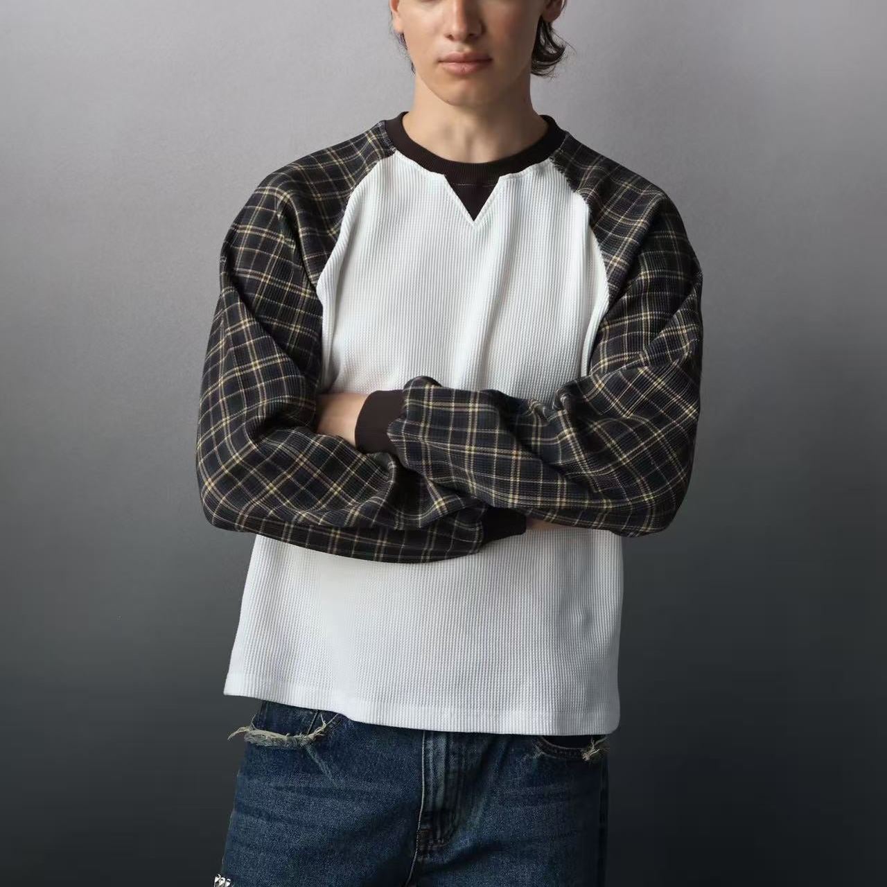 Waffle Patchwork Long Sleeve Top