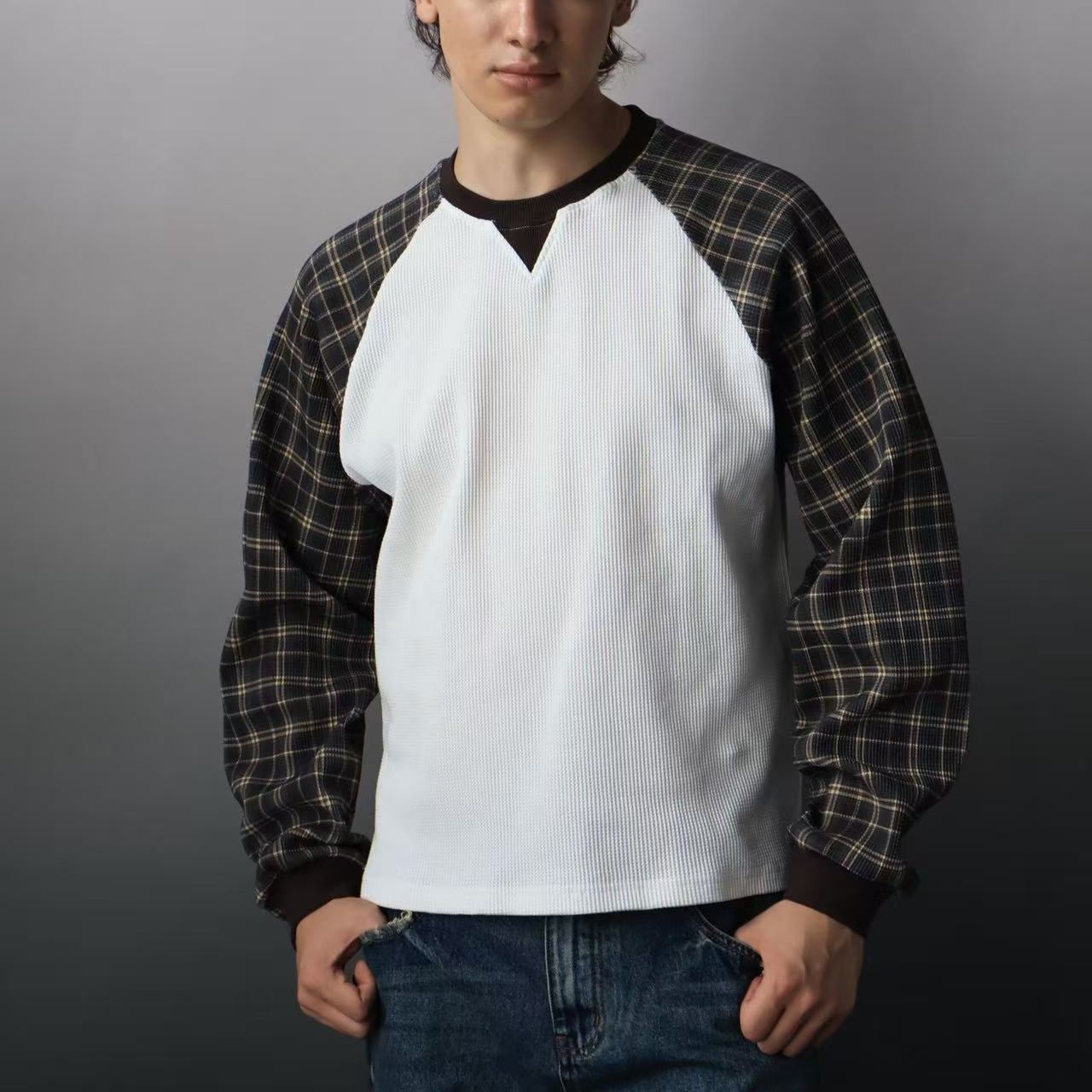 Waffle Patchwork Long Sleeve Top