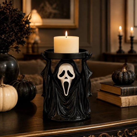 3D Printed Ghost Face Candle Holder Halloween Decor, Spooky Raised Hands Candle Stand, Gothic Figure Tabletop Mantel Decoration for Halloween Party Home, Black