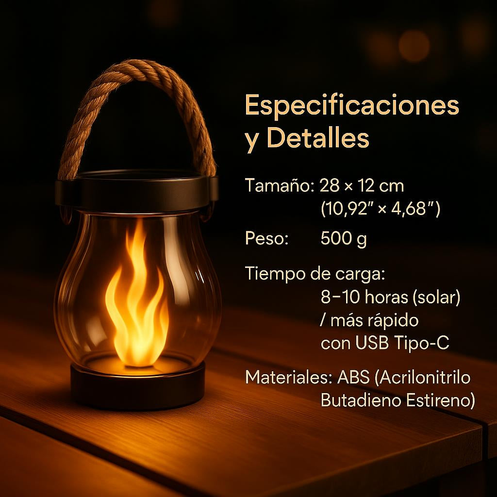 Linterna solar con efecto de llama real