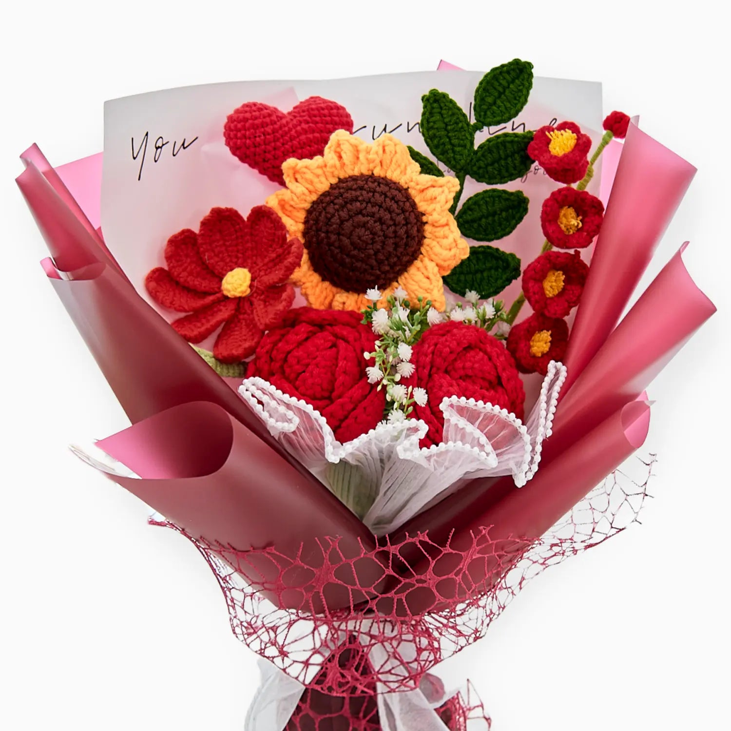 Red Crochet Rose Sunflower Bouquet