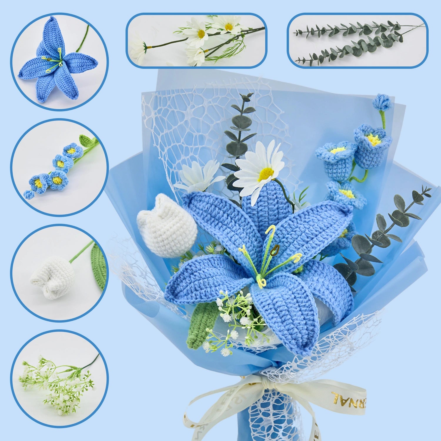 Crochet Big Lily Flower Bouquet-Blue