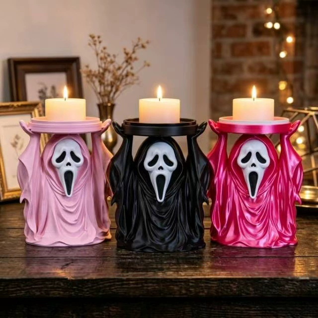 3D Printed Ghost Face Candle Holder Halloween Decor, Spooky Raised Hands Candle Stand, Gothic Figure Tabletop Mantel Decoration for Halloween Party Home, Black