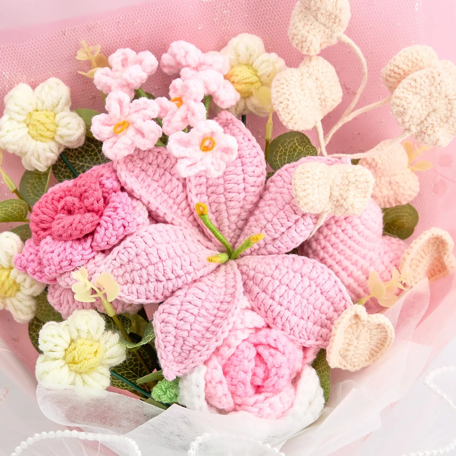 Crochet Pink Lily & Rose Bouquet