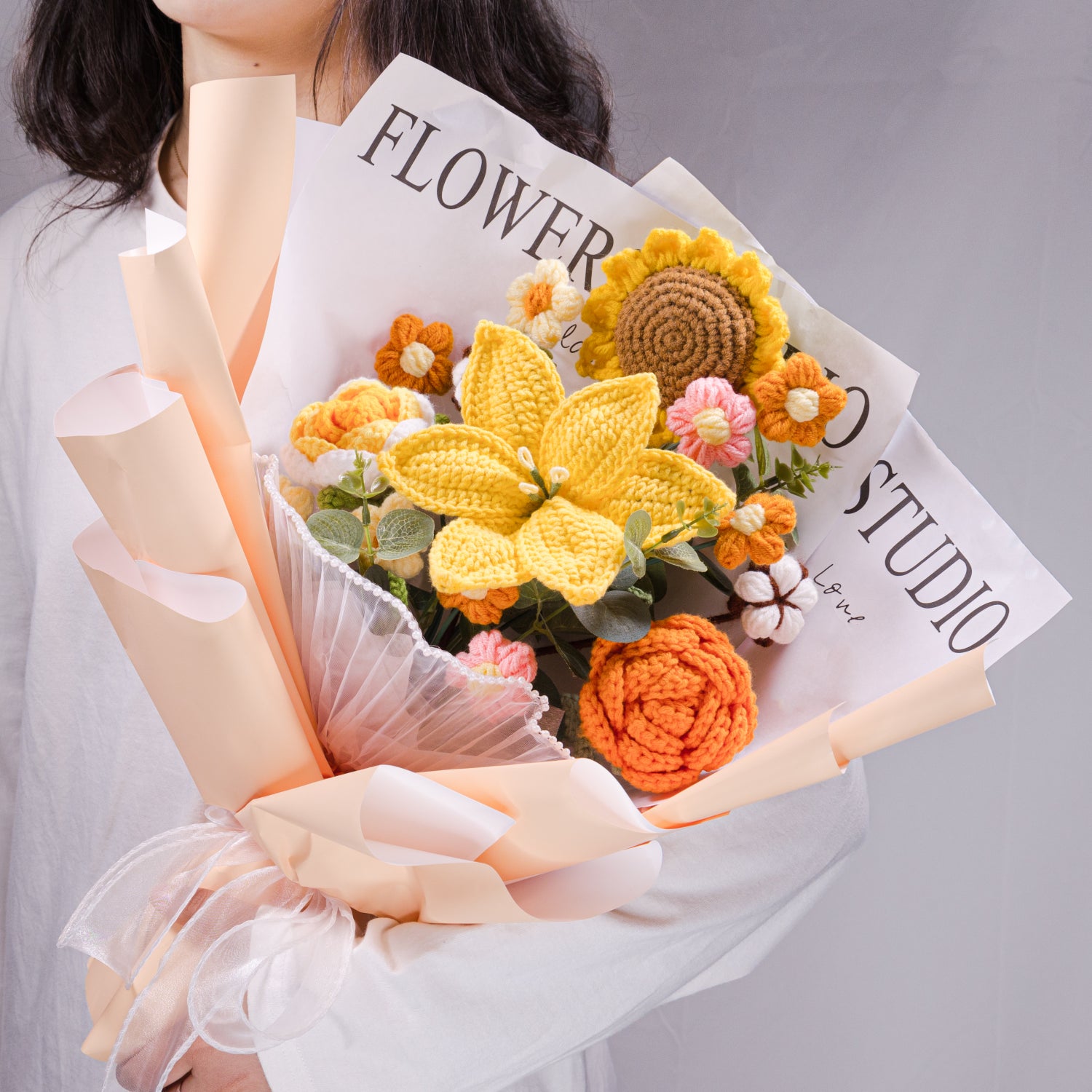 Crochet Lily Sunflower Rose Bouquet-Yellow