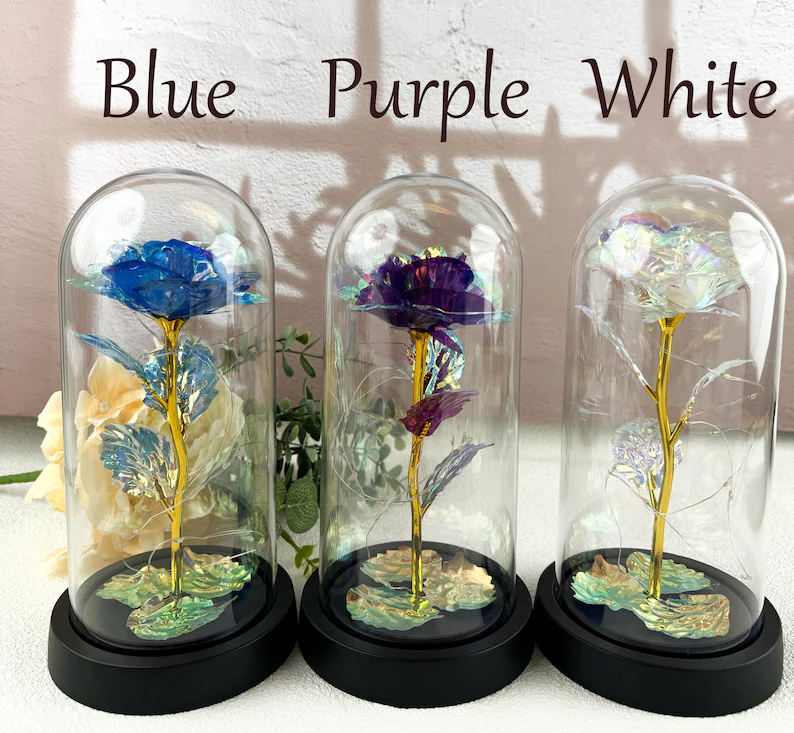 Galaxy Rose in Glass Dome with LED Light, Romantic Gift