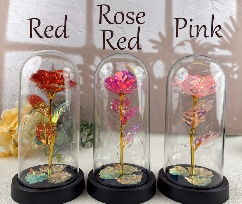 Galaxy Rose in Glass Dome with LED Light, Romantic Gift