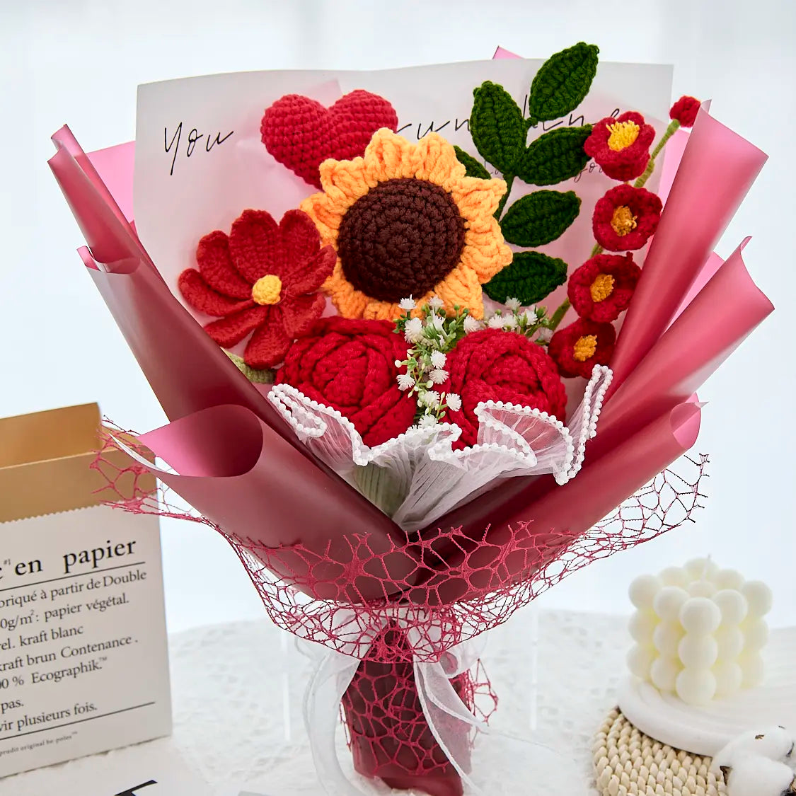 Red Crochet Rose Sunflower Bouquet