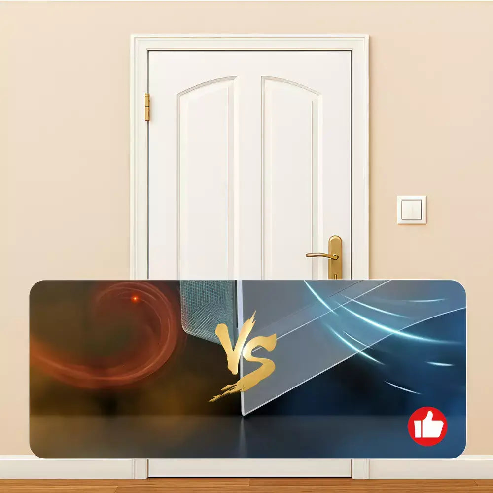 A rectangular desk mat with a sports graphic design featuring a tennis racket and ball, the text 'VS', and a red thumbs-up icon, shown placed in front of a white door in a beige hallway.