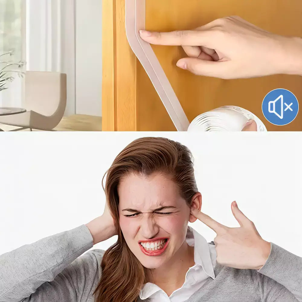 A split-panel product demonstration showing transparent doorstopper strips applied to a wooden door, with a hand pressing one strip into place and a woman covering her ears in frustration below.