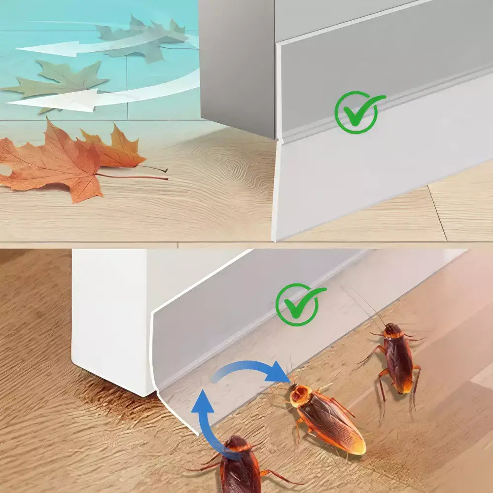 A two-panel comparison showing a white baseboard or floor trim against a wood floor. The top panel shows leaves near the baseboard with arrows indicating airflow or moisture, and a green check mark.