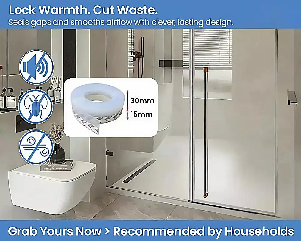 A shower door weatherstrip seal product shown with a bathroom scene background, including a toilet, shower enclosure, and text callouts. The product is a circular translucent seal with dimension labels 30mm and 15mm, plus feature icons for sound, bug blocking, and airflow.