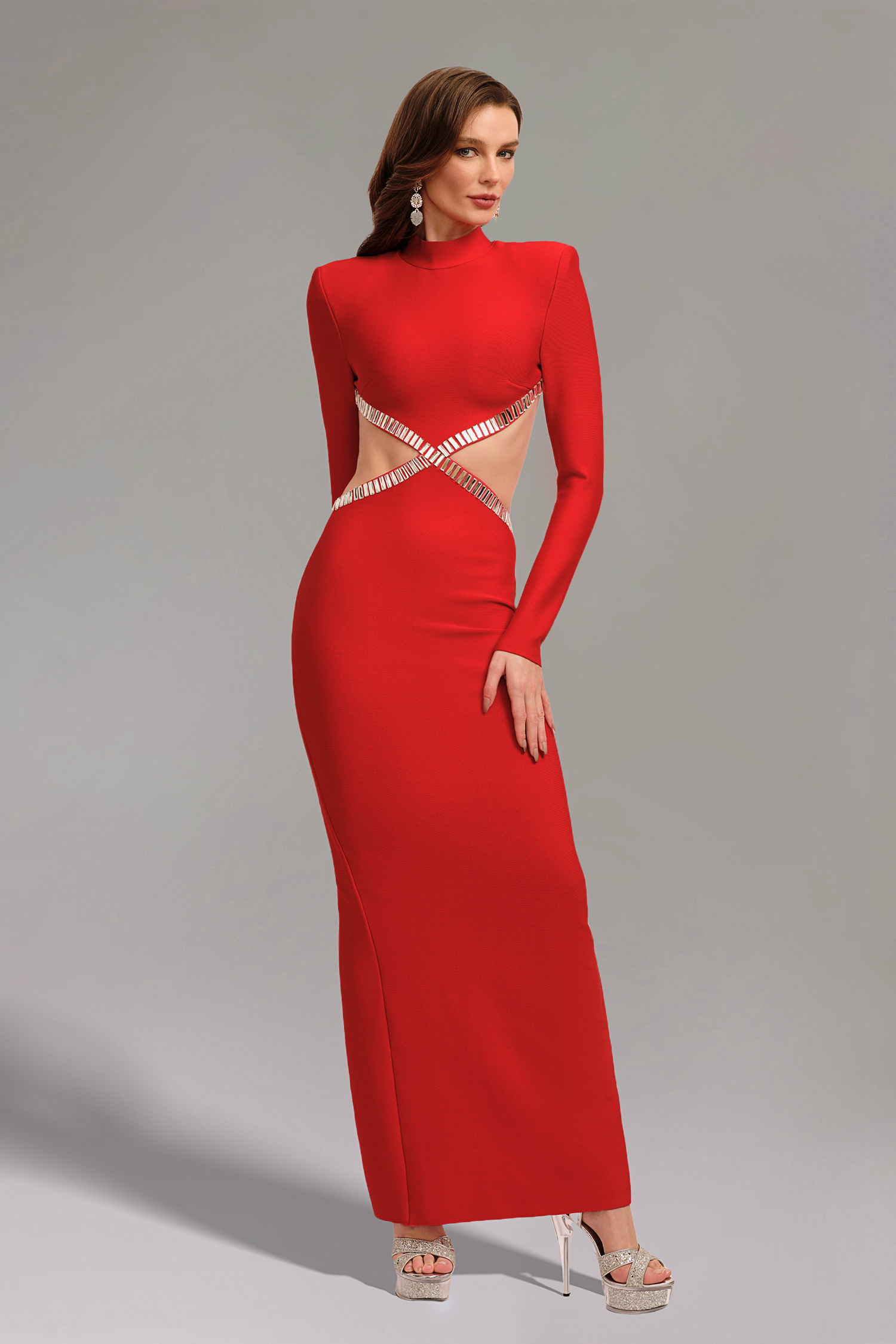 Miyasa Cut Out Padded Shoulder Bandage Maxi Dress