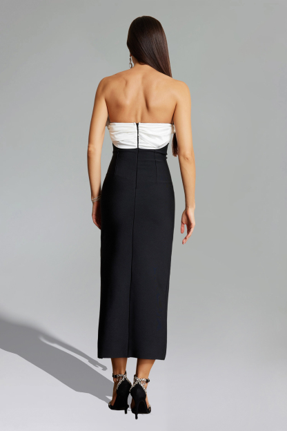 Nona Pleated Strapless Slit Midi Dress