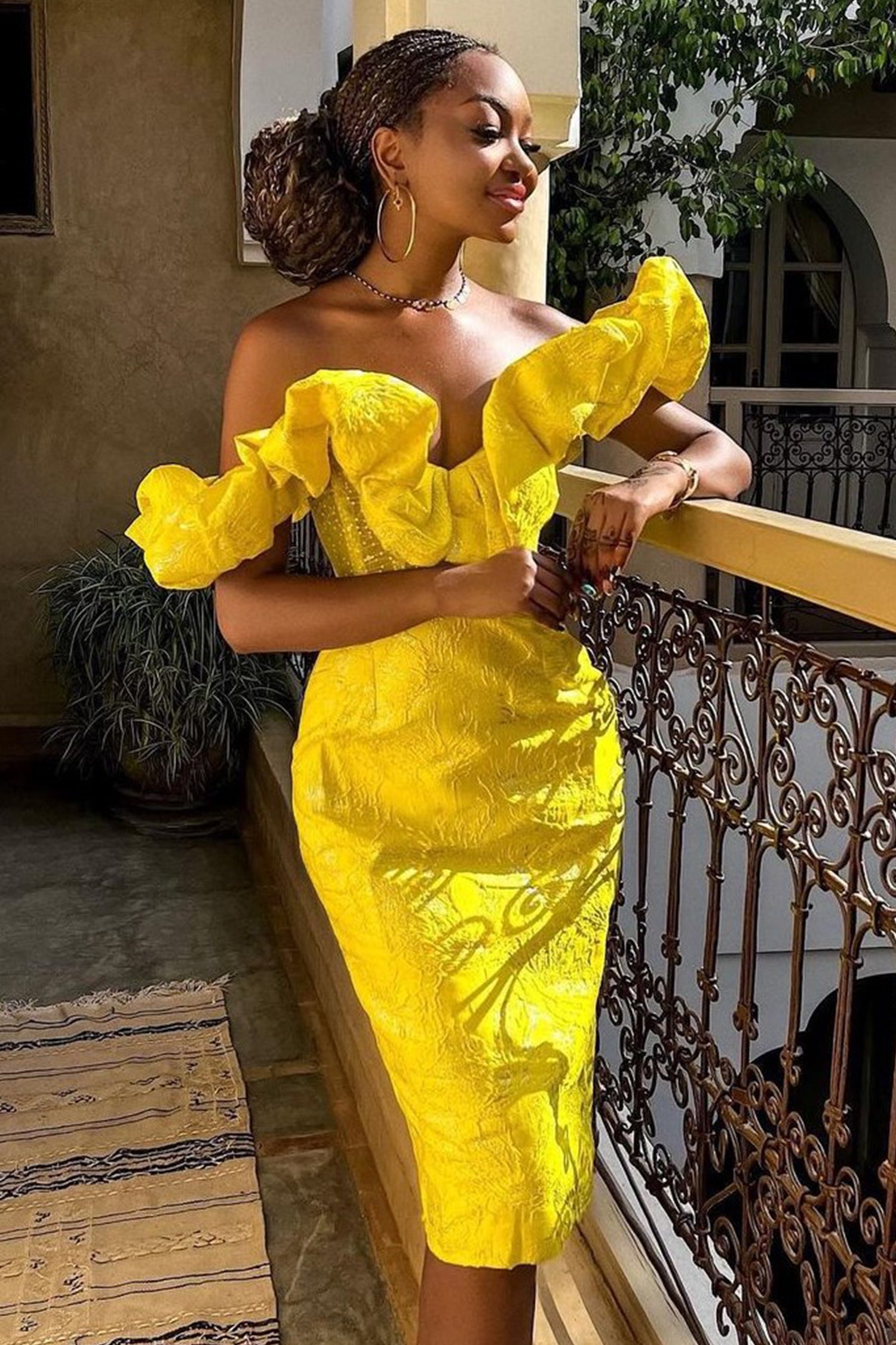 Jacquard Off Shoulder Midi Dress - Yellow