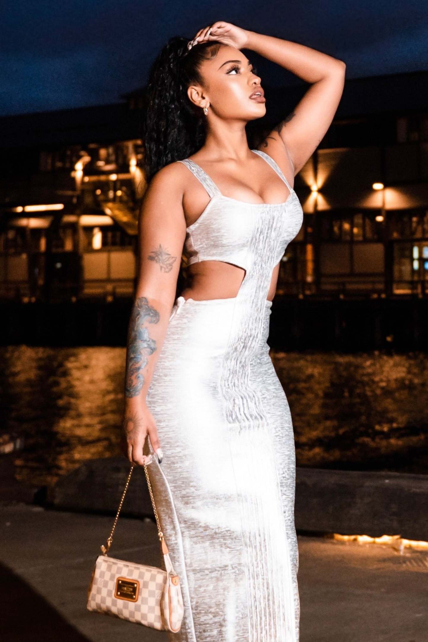 Metallic Bandage Cutout Midi Dress - Silver