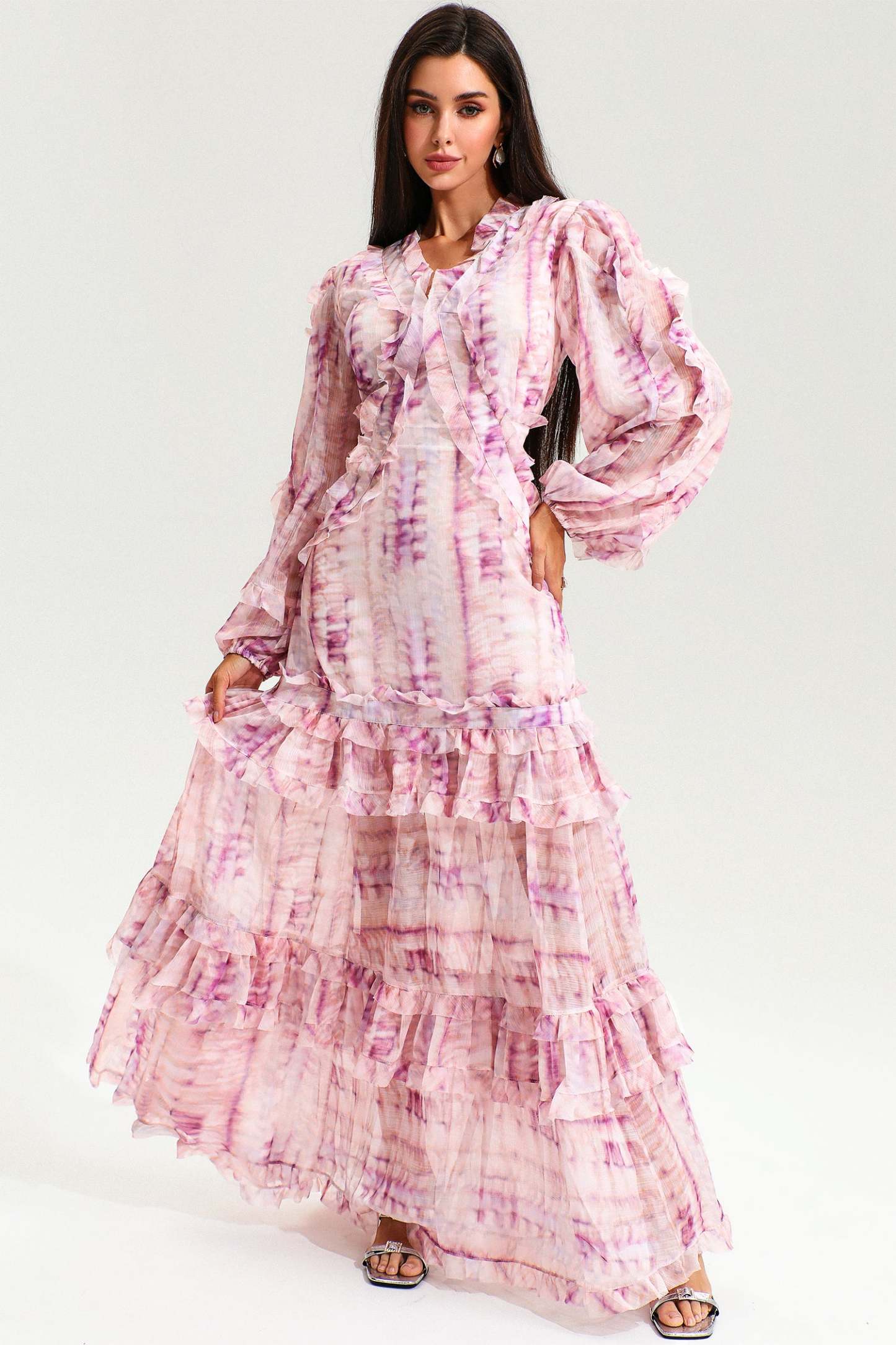 V-Neck Lace Puff Sleeve Tiered Ruffle Hem Maxi Dress