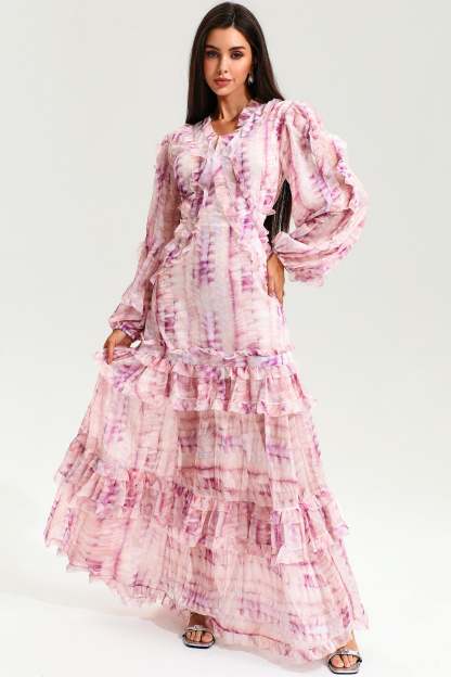 V-Neck Lace Puff Sleeve Tiered Ruffle Hem Maxi Dress