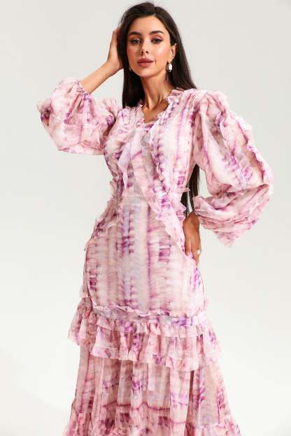 V-Neck Lace Puff Sleeve Tiered Ruffle Hem Maxi Dress