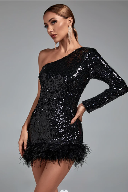 Blabo One Shoulder Feather Sequin Mini Dress