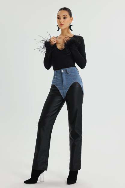 Ogani Denim Patchwork Eco-Leather Pants