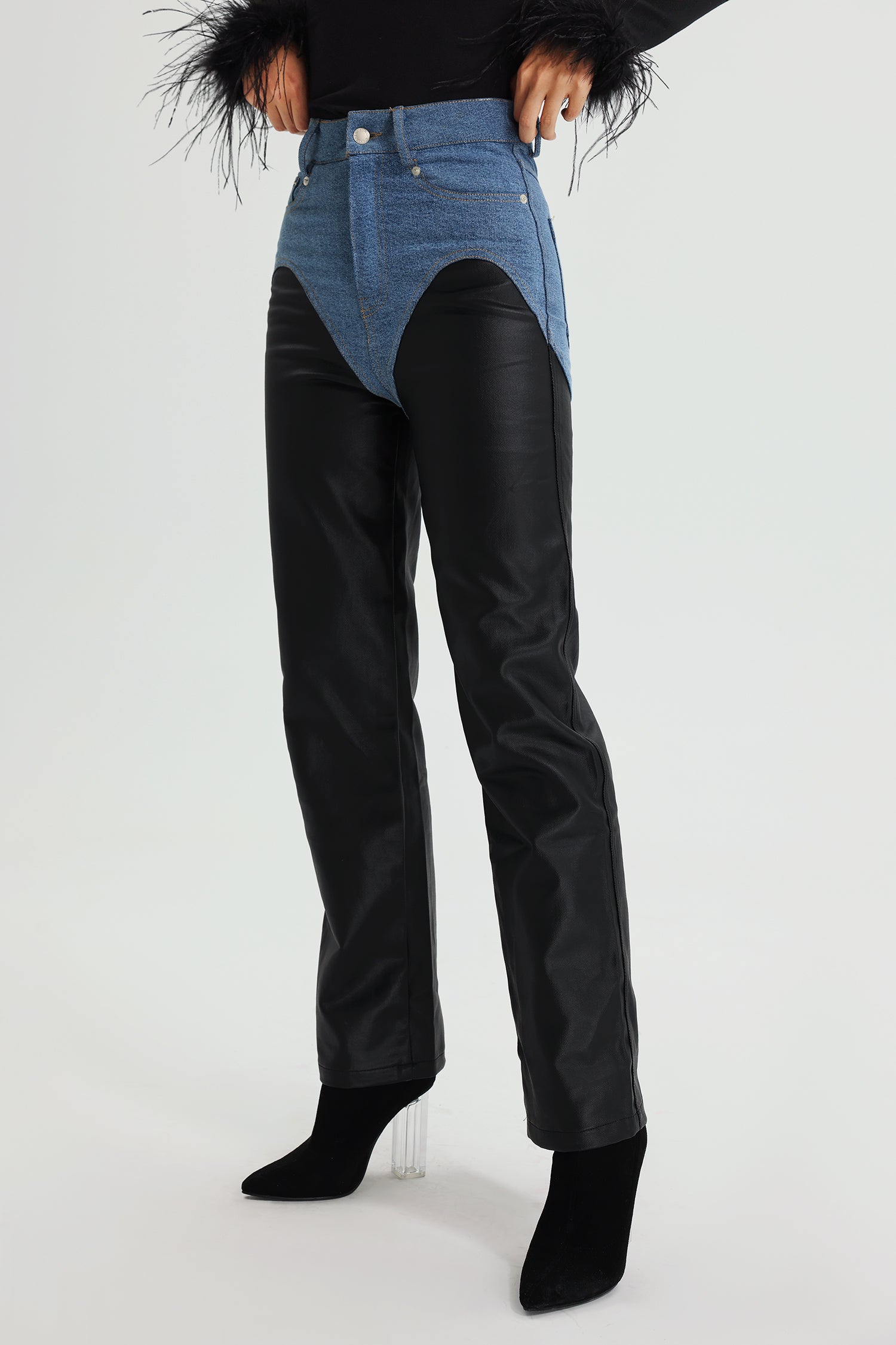 Ogani Denim Patchwork Eco-Leather Pants