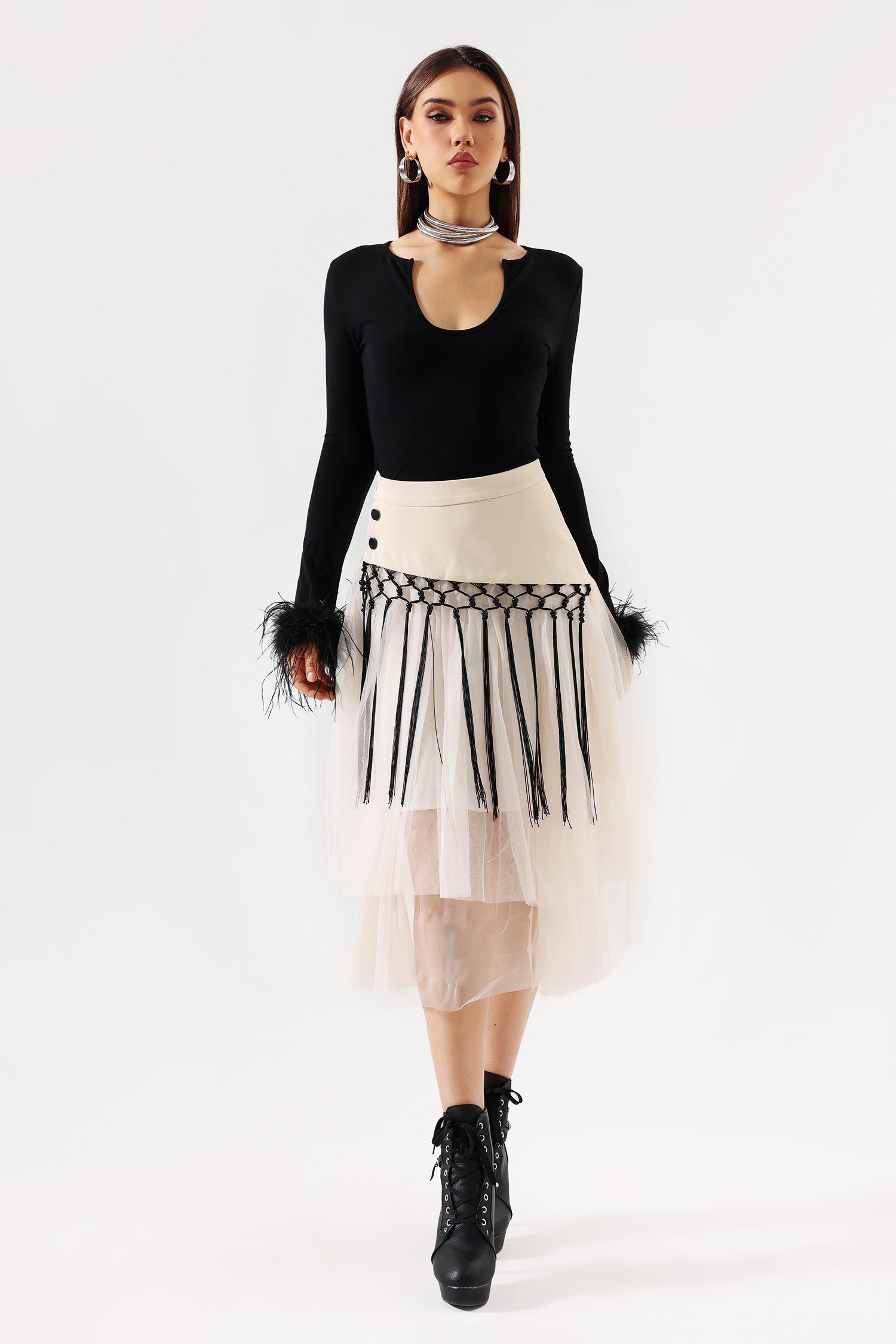 Minma Weaved Tassel Tulle Midi Skirt