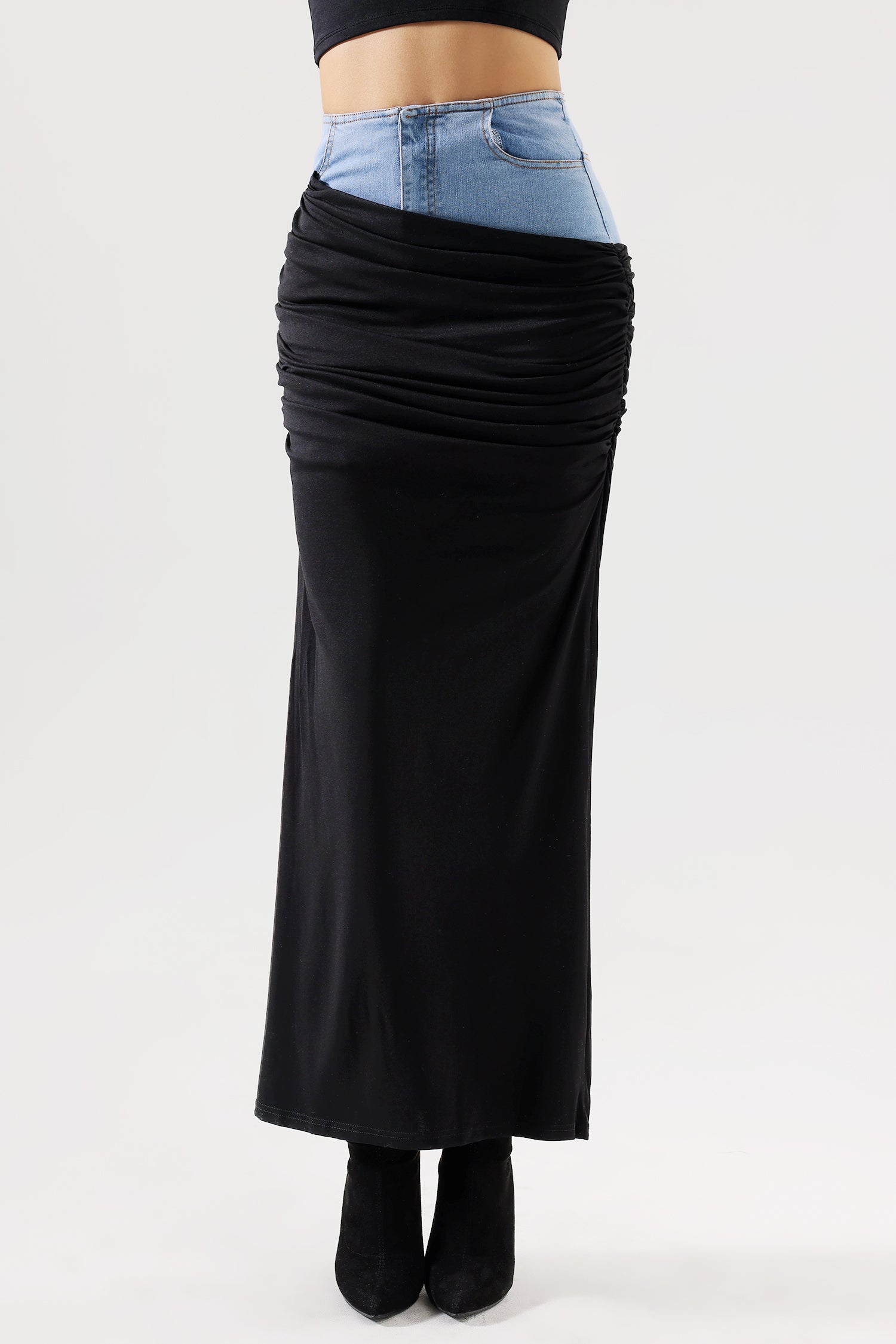Labola Patchwork Denim Ruched Skirt