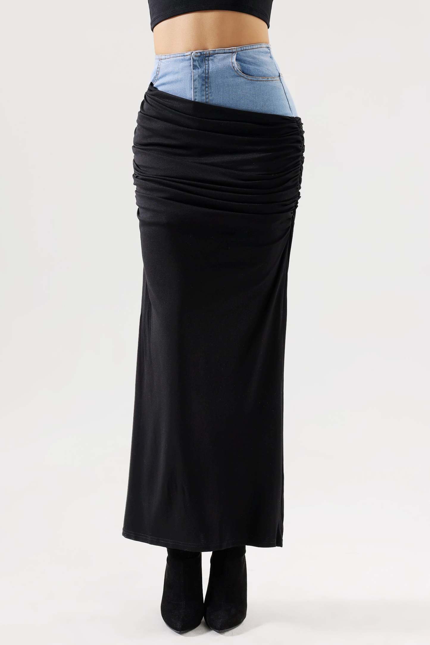 Labola Patchwork Denim Ruched Skirt