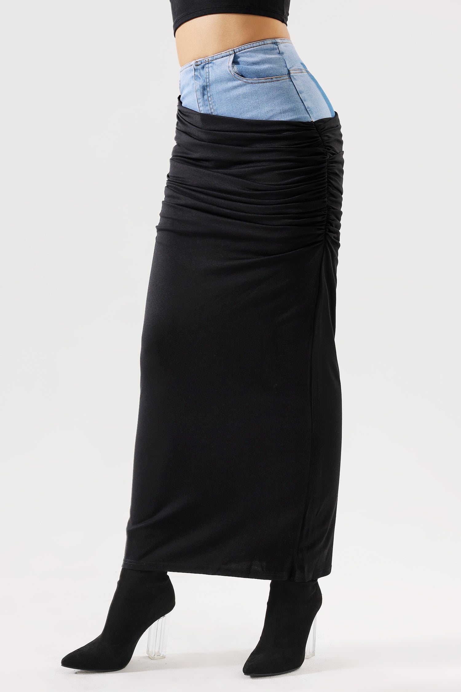 Labola Patchwork Denim Ruched Skirt