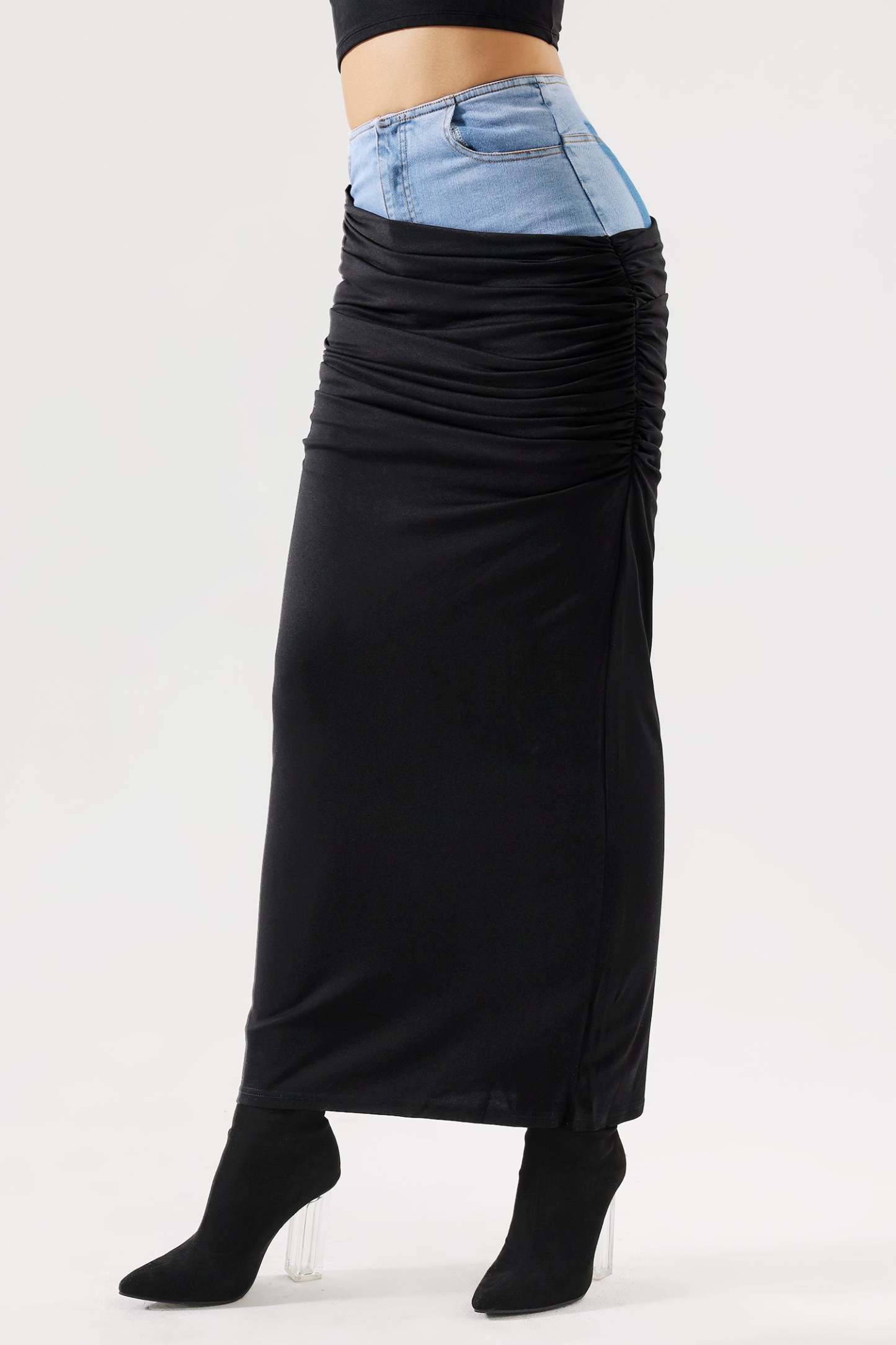 Labola Patchwork Denim Ruched Skirt