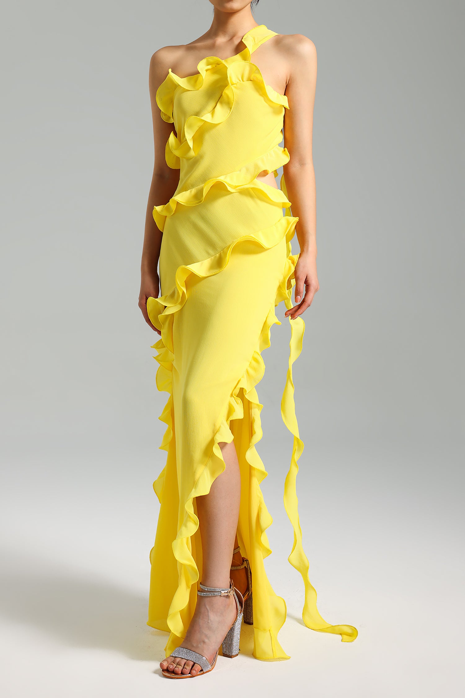 Mota Ruffled One Shoulder Slit Dress