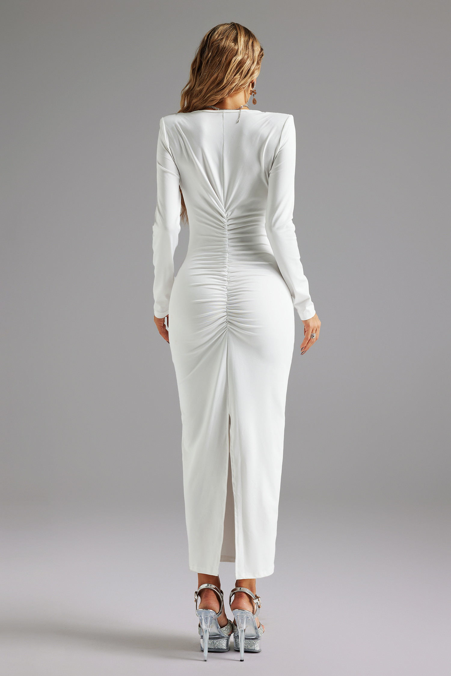 Uercia Long Sleeves Deep V Tuck Midi Dress