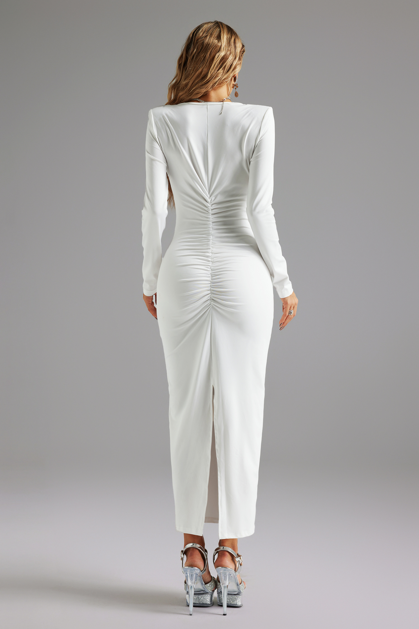 Uercia Long Sleeves Deep V Tuck Midi Dress