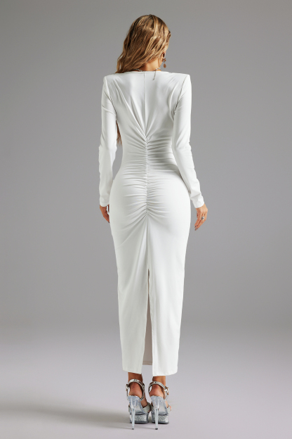 Uercia Long Sleeves Deep V Tuck Midi Dress