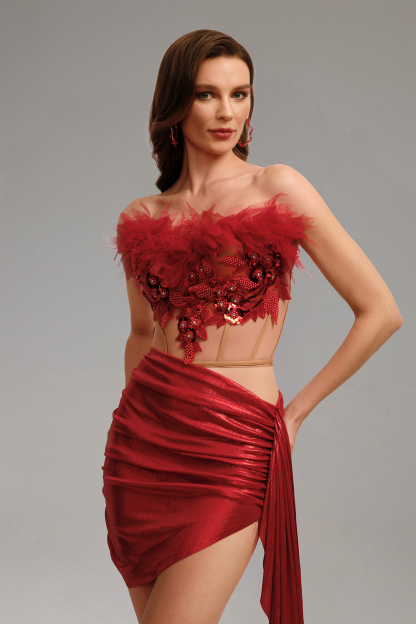Laly Strapless Feather Knit Two-Piece Set