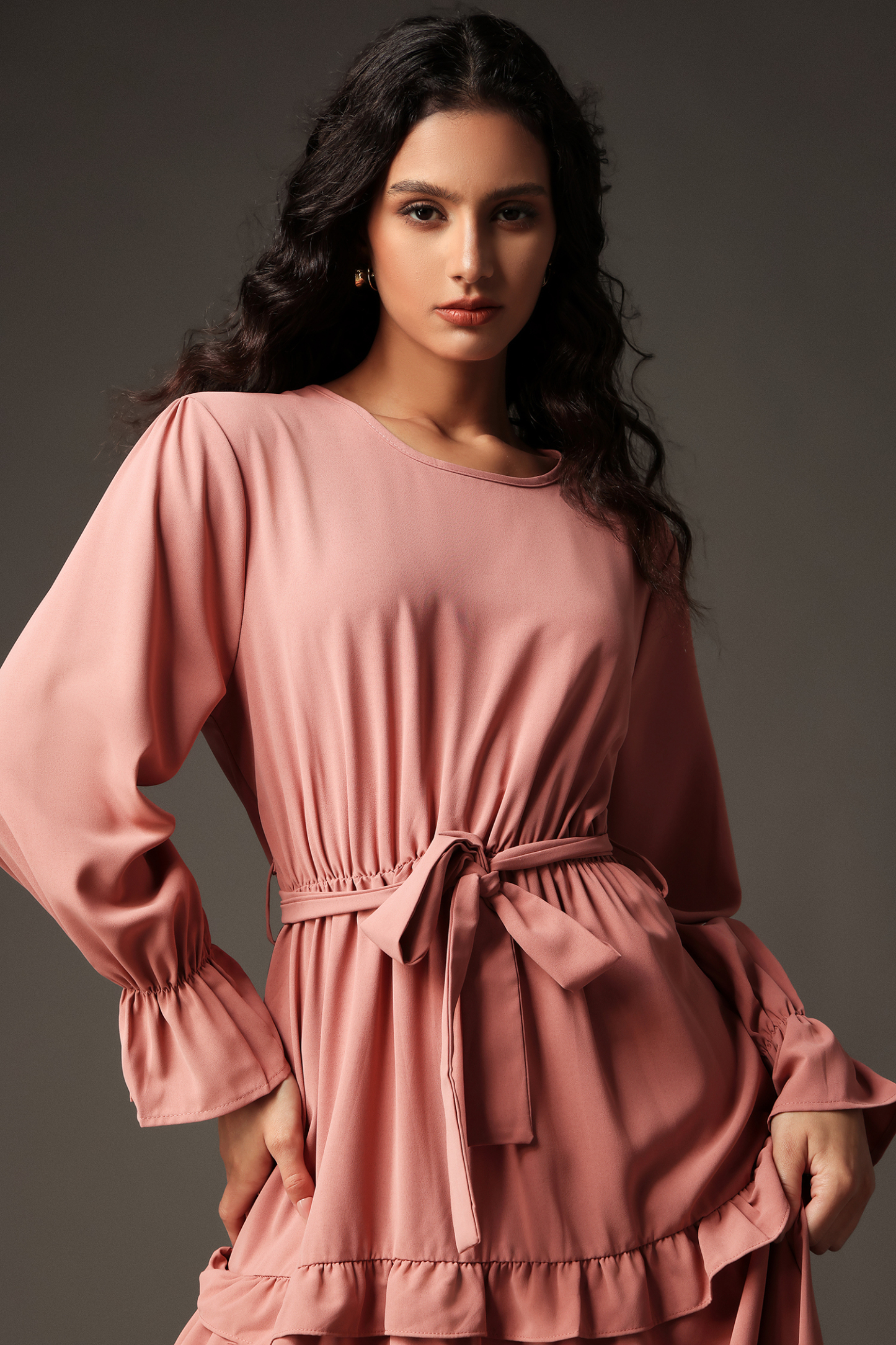 Maggie Round Neck Long Sleeves Ruffled Maxi Dress