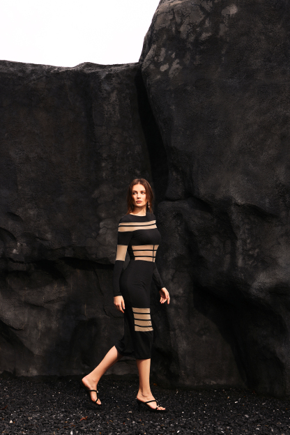 Xynia Long Sleeves Netting Bandage Midi Dress