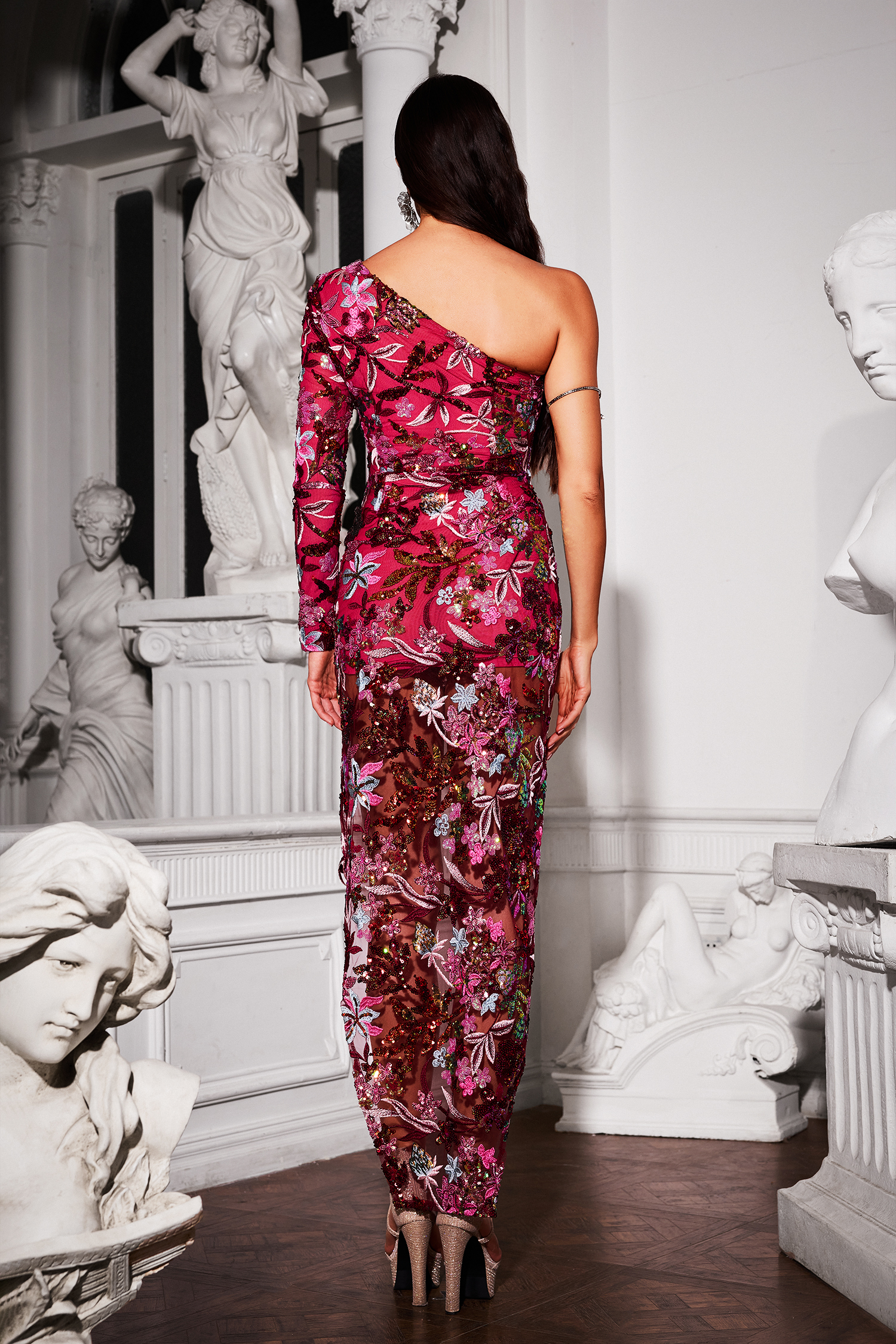 Vleah Flower Sequins One Shoulder Dress - Pink