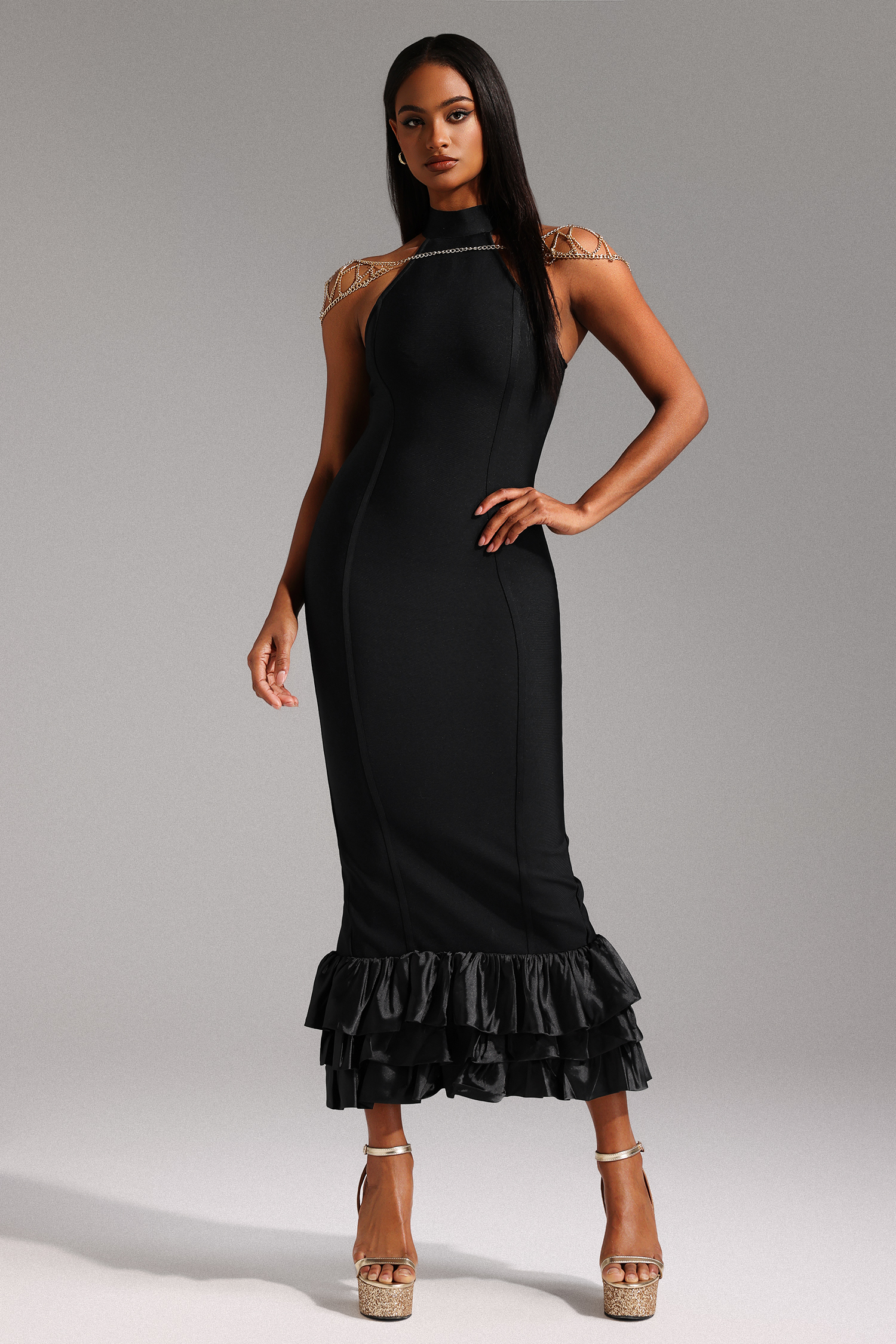 Timesha Halter Sleeveless Ruffled Maxi Dress
