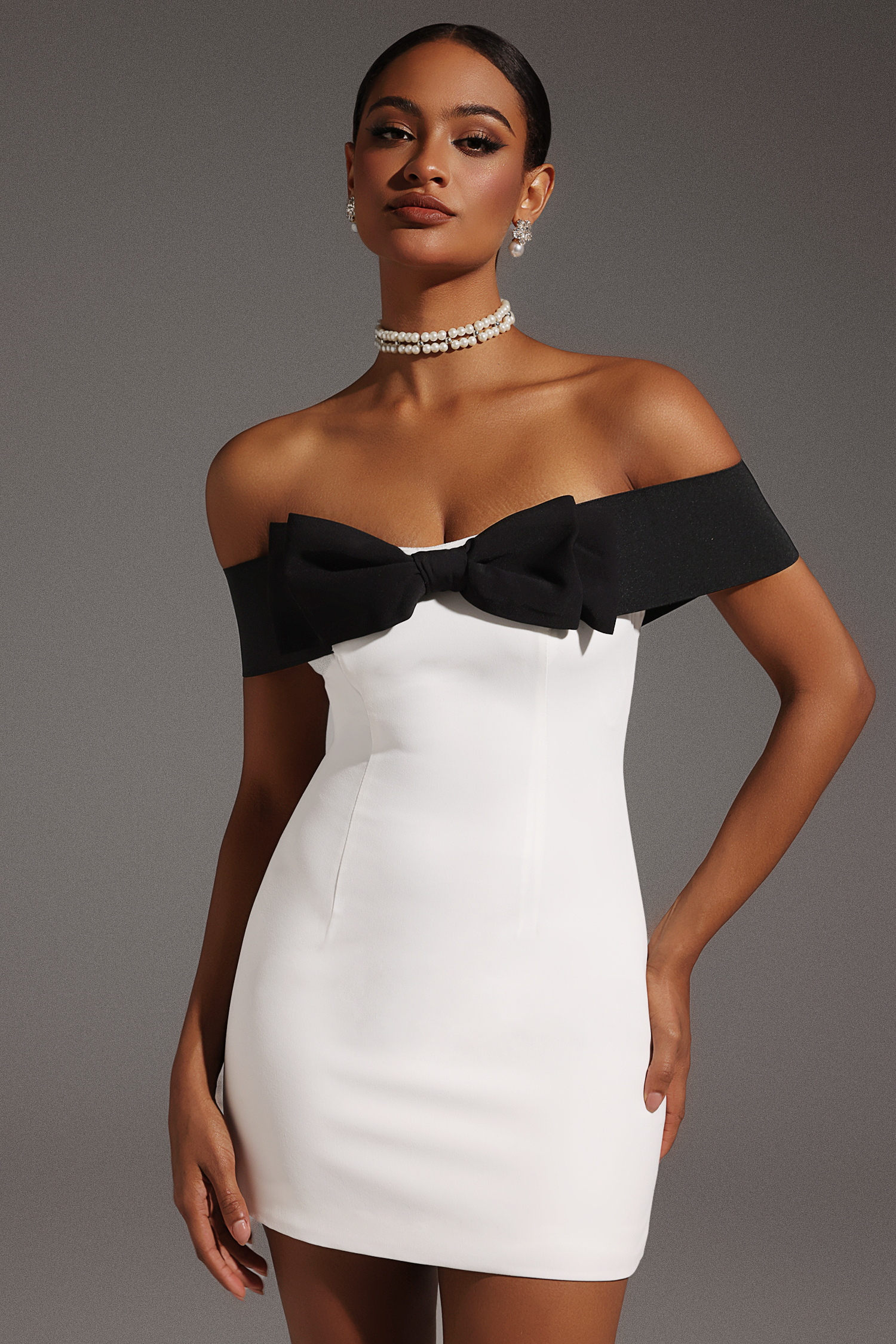 Devere Straight Shoulder Bow Mini Dress