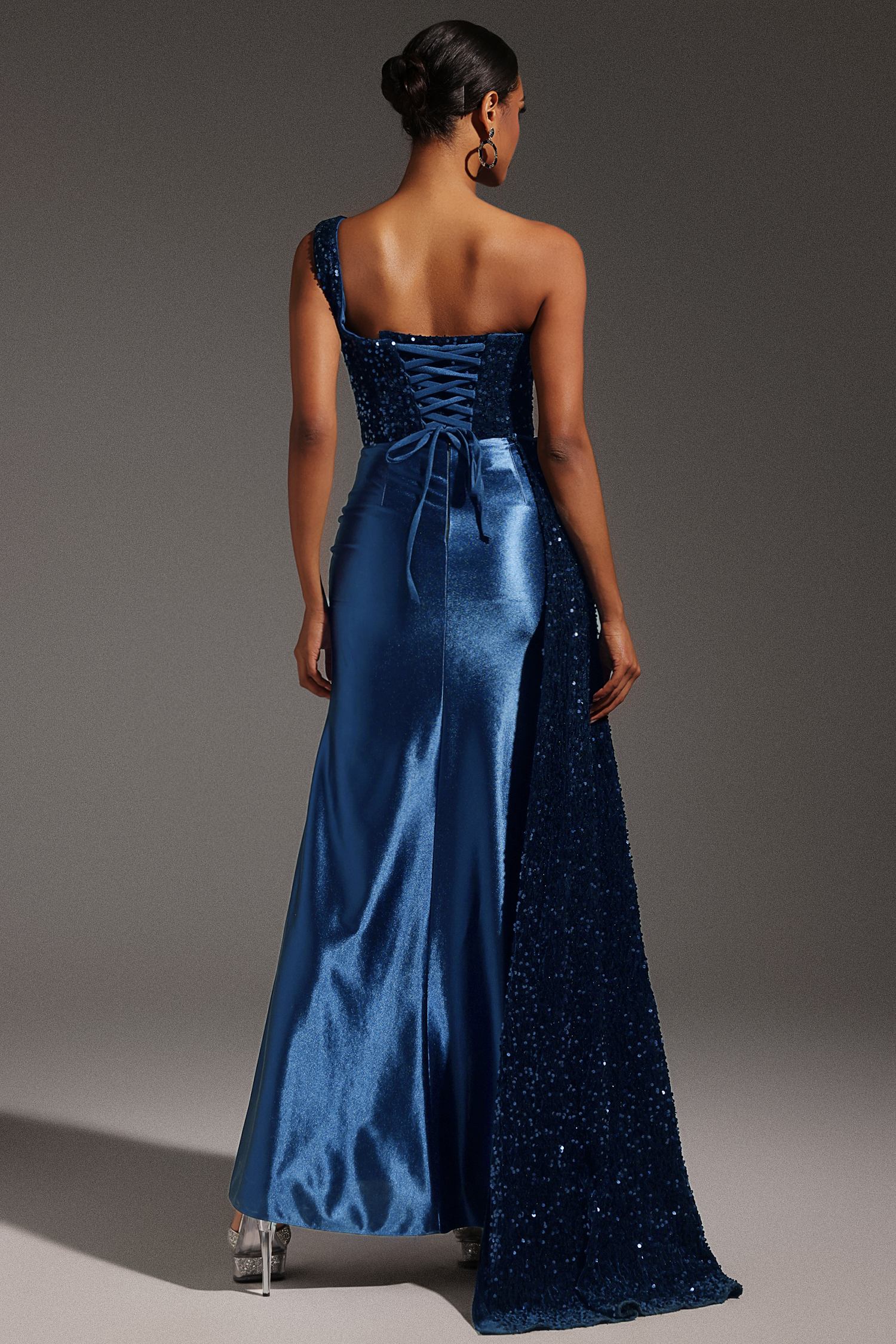 Kerla One Shoulder Sleeveless High Slit Velvet Sequin Maxi Dress