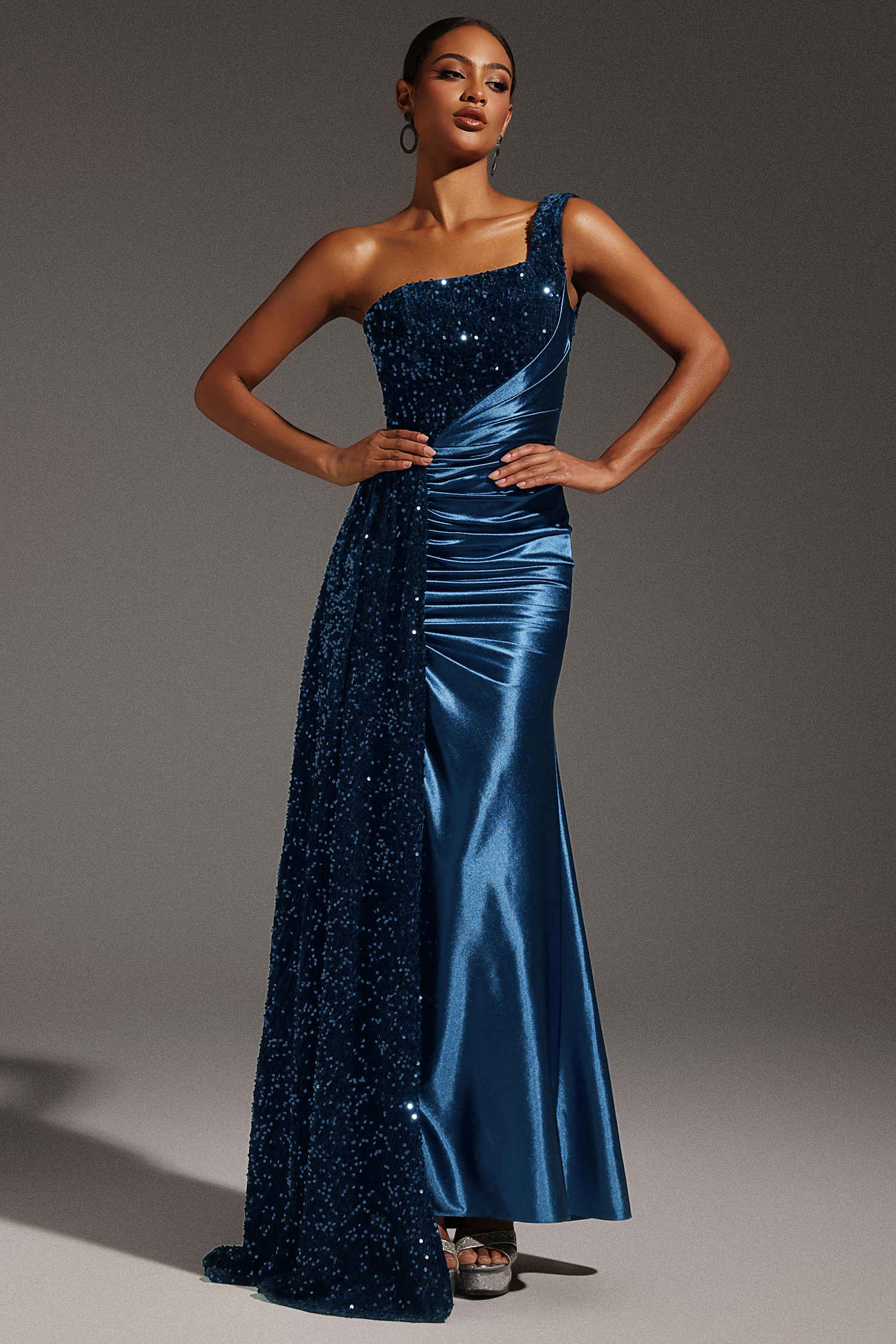 Kerla One Shoulder Sleeveless High Slit Velvet Sequin Maxi Dress