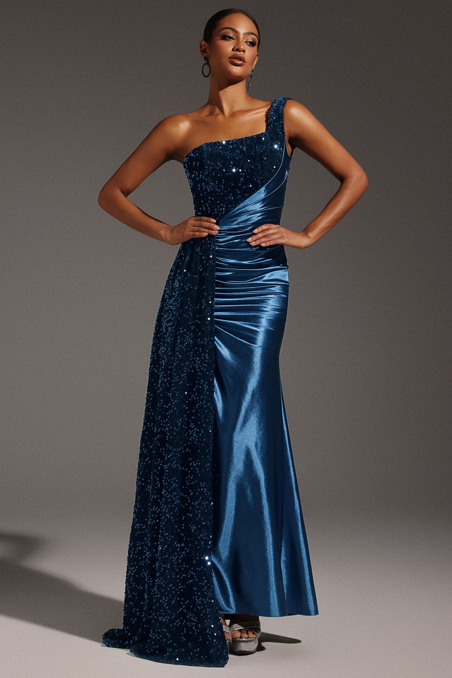 Kerla One Shoulder Sleeveless High Slit Velvet Sequin Maxi Dress