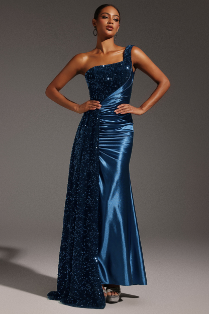 Kerla One Shoulder Sleeveless High Slit Velvet Sequin Maxi Dress